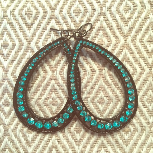 Teal and black tear drop earrings - Picture 1 of 2